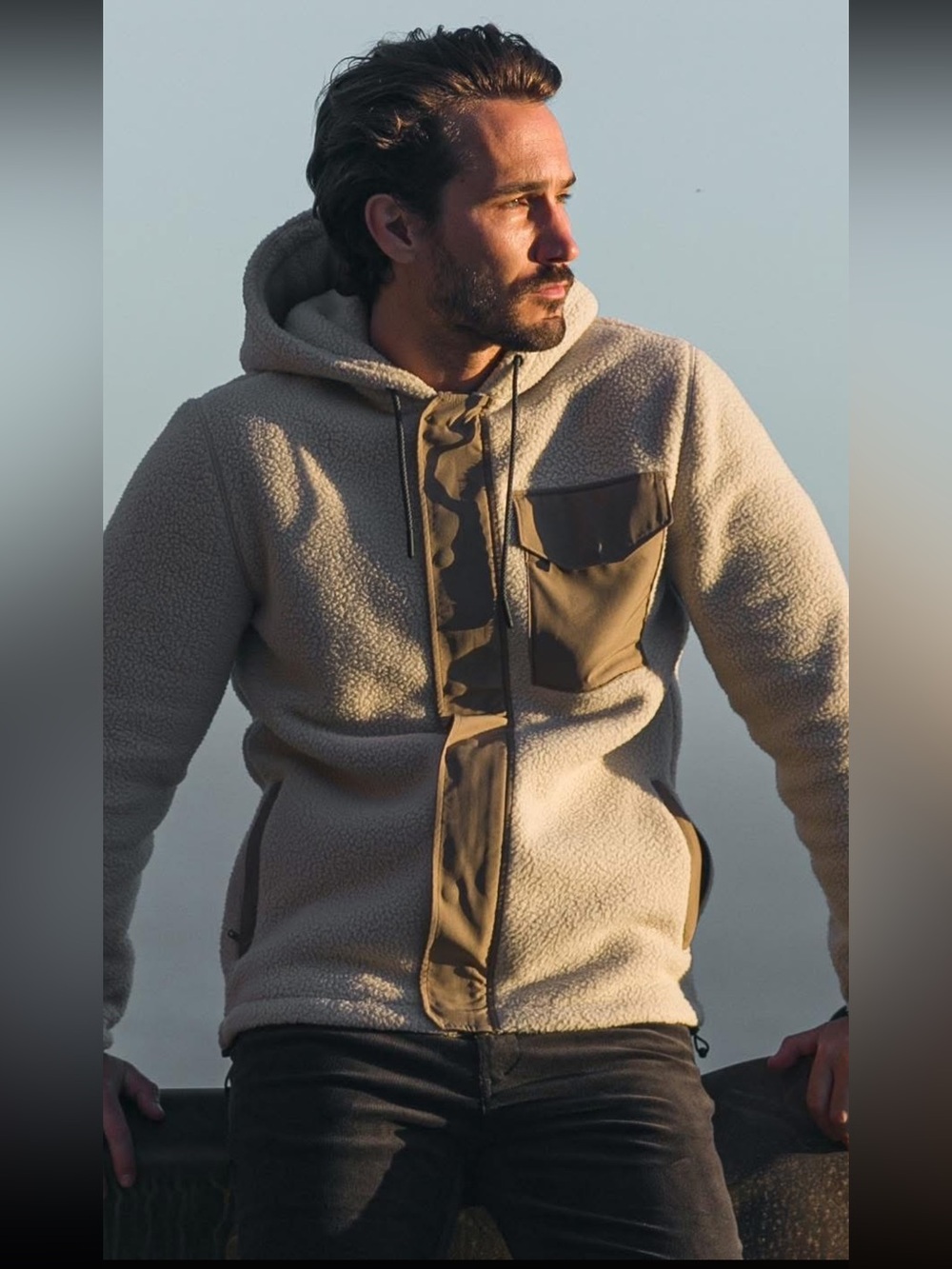 BYLT Basics Cream Sherpa Hoodie with Brown Trim